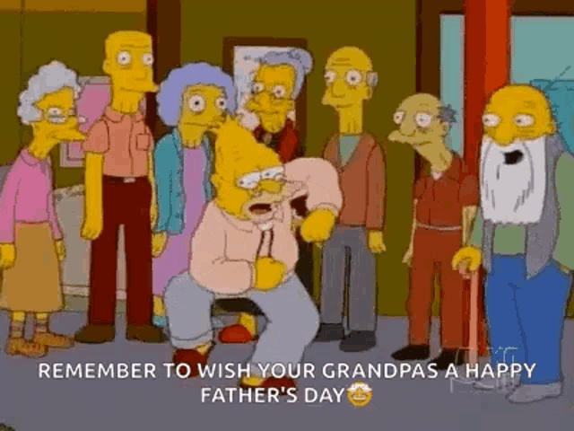a group of cartoon characters are standing around a man with a cane in a room .