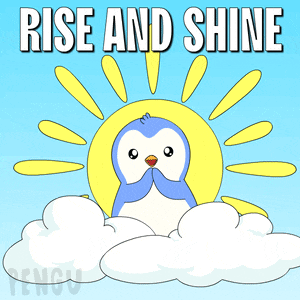 a penguin sitting on a cloud with the words rise and shine below it
