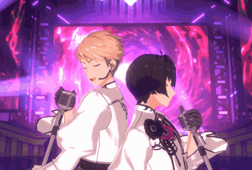 two anime characters standing back to back with microphones