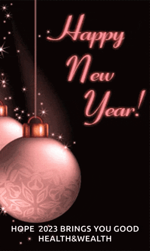 a happy new year greeting card with two pink ornaments