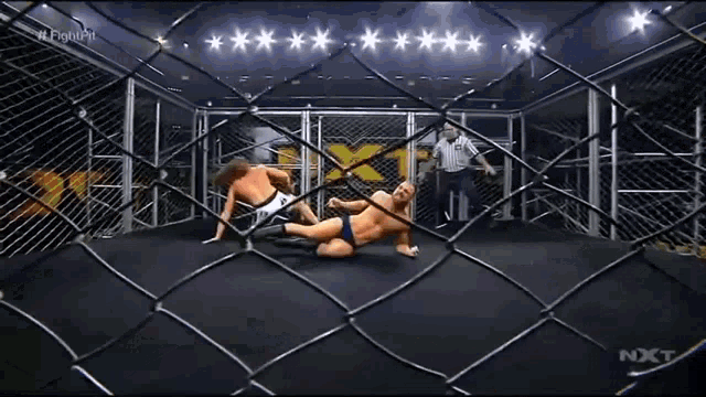 two wrestlers are wrestling in a cage with a referee watching .