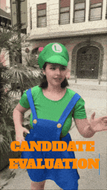 a woman in a mario costume stands in front of a building with the words " candidate evaluation " on the bottom