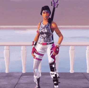 a girl in a video game is holding a guitar in her right hand