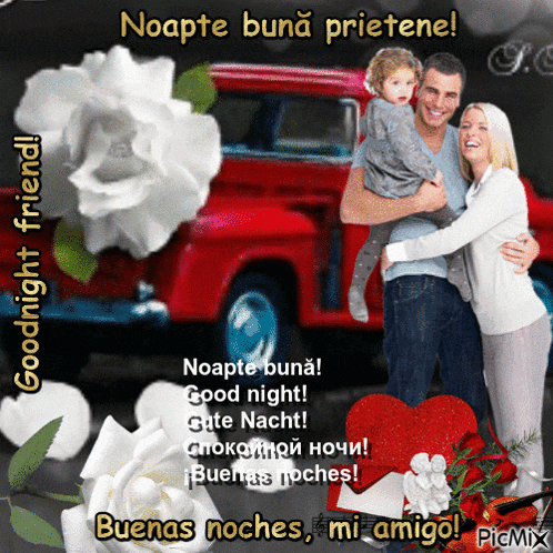 a picture of a man and woman holding a child with the words " goodnight friend " on the bottom