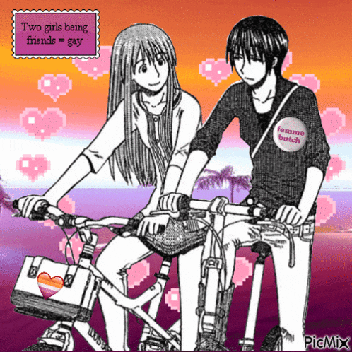 a boy and a girl are riding a bike with a sticker that says femme bitch