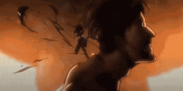 a close up of a man 's face with a sword coming out of it