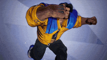 a man in a yellow and blue jacket is holding a knife
