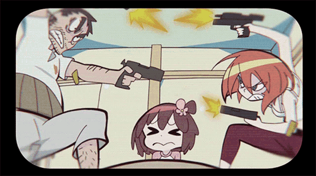 a cartoon shows a man and two girls with guns