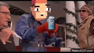 a man is holding a can of soda that says ' buddy ' on it