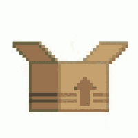 a pixel art illustration of a cardboard box with an arrow pointing up and a green object in it .