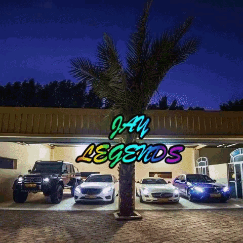 a row of cars are parked under a sign that says " jay legends "