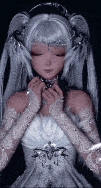 a girl with white hair is wearing a white lace dress