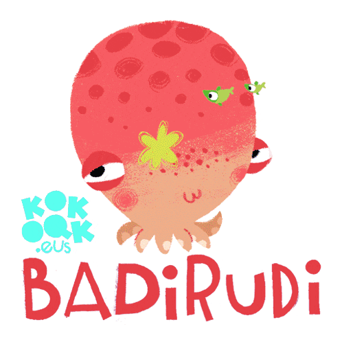 a cartoon drawing of a red octopus with the name badirudi on the bottom