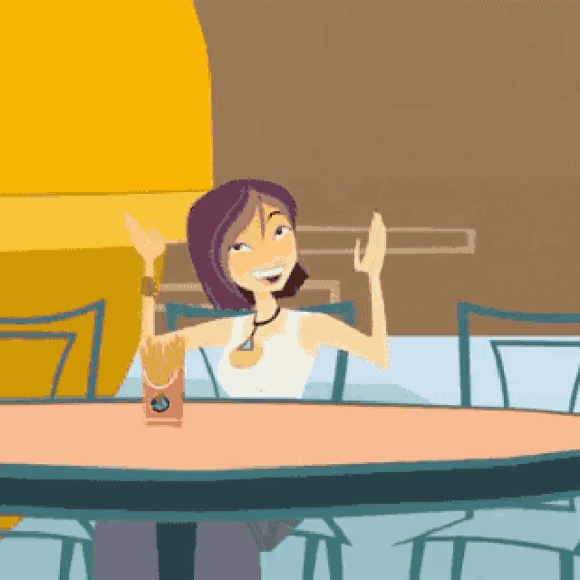 a cartoon girl sitting at a table with a box of french fries