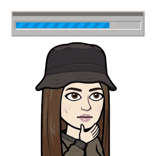a cartoon of a woman wearing a black hat with a blue loading bar above her head