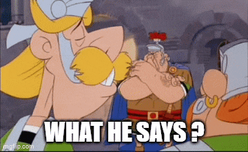 a group of cartoon characters standing next to each other with the words `` what he says ? '' written on the bottom .