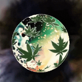 a painting of a globe with marijuana leaves in it