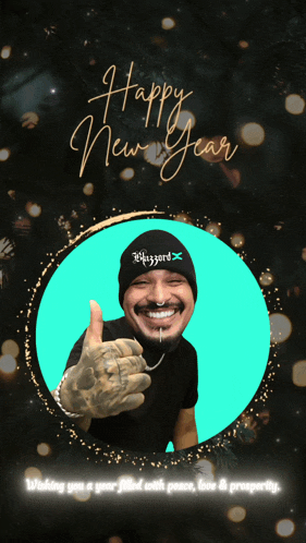 a happy new year greeting card with a man in the center