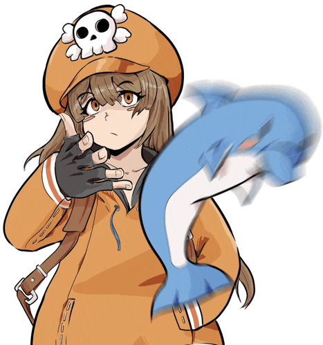 a drawing of a girl with a skull on her hat holding a dolphin