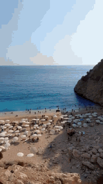 a beach with lots of umbrellas and people swimming in the water