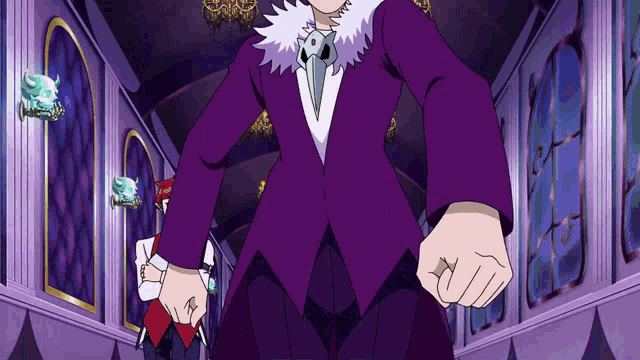 a man in a purple suit stands in a hallway with a sword in his hand