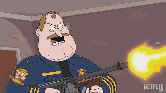 a cartoon of a police officer holding a gun with the netflix logo in the corner