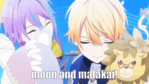a couple of anime characters standing next to each other with the words moon and malakai