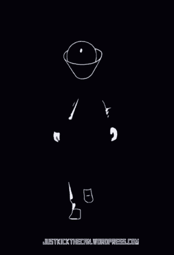 a black and white drawing of a man with a helmet on his head and the website justkickthecan.wordpress.com below him