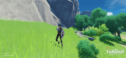 a screenshot of genshin impact shows a person standing in a grassy field