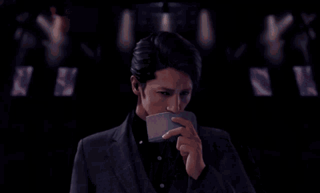 a man in a suit is covering his mouth with a napkin and the word sniffs is on the bottom right