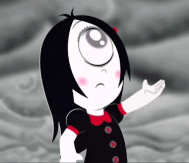 a cartoon character with a big eye and a sad face