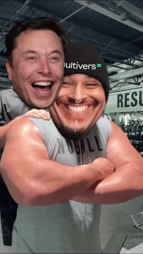 a man wearing a beanie that says ultivers on it is giving another man a piggyback ride