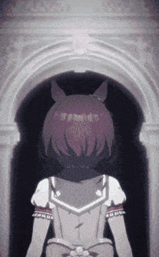 a girl with horse ears is standing in front of a white archway