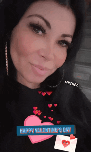 a close up of a woman 's face with the words happy valentine 's day