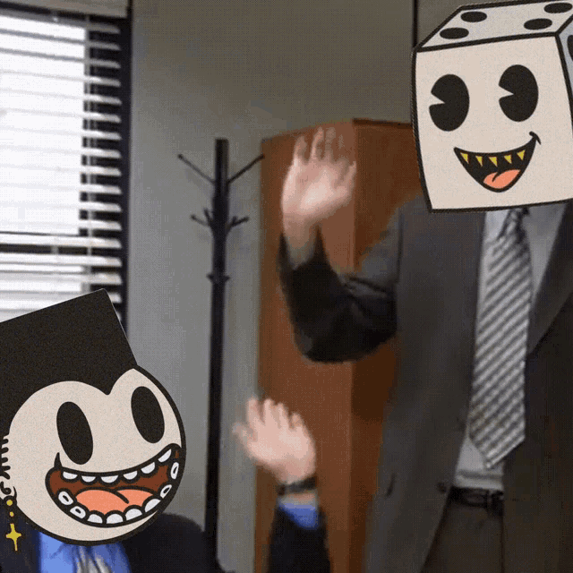 a man in a suit and tie has a cardboard face on his head