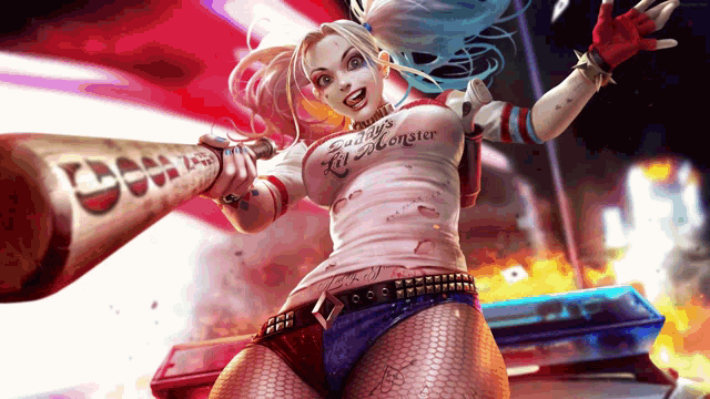 harley quinn from suicide squad is holding a bat and wearing a shirt that says daddy 's lil monster
