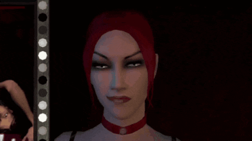 a woman with red hair and a red choker
