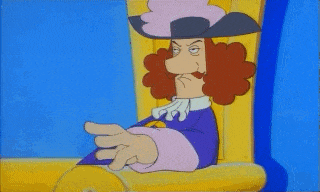 a cartoon character with red hair and a hat is pointing his finger