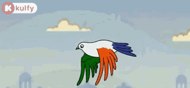 a cartoon of a bird flying with a k kulfy logo in the corner