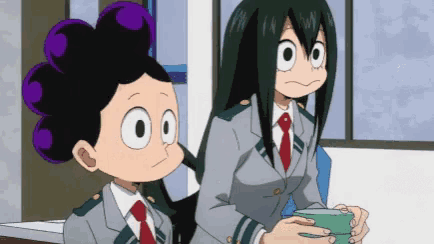 two anime characters are standing next to each other in a room .