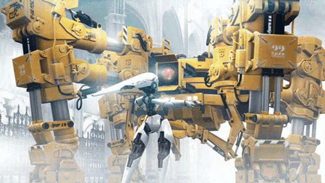 a large yellow robot with the number 92 on it