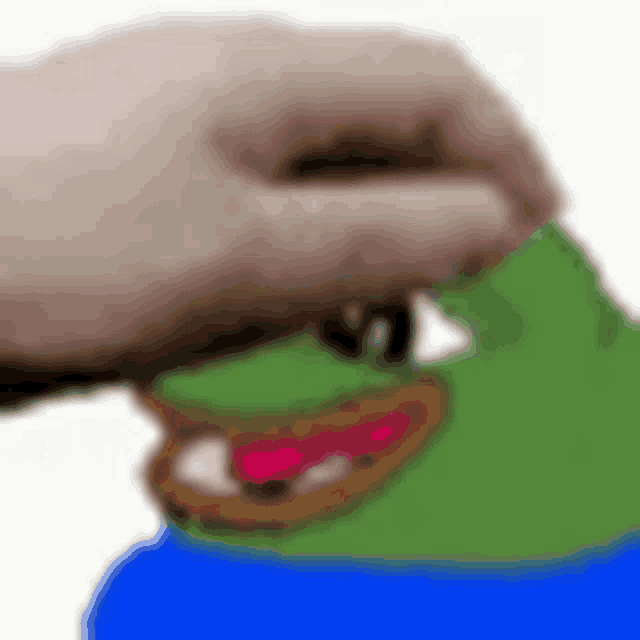 a hand is holding a green frog with a blue shirt on it .