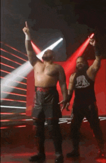 two wrestlers are standing next to each other with their arms in the air