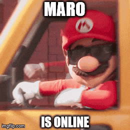 a picture of mario driving a car with a caption that says maro is online