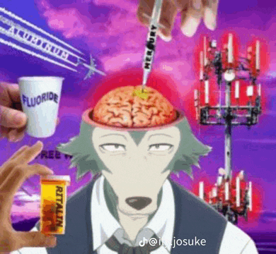 a man is holding a cup of fluoride and a bottle of ritalin