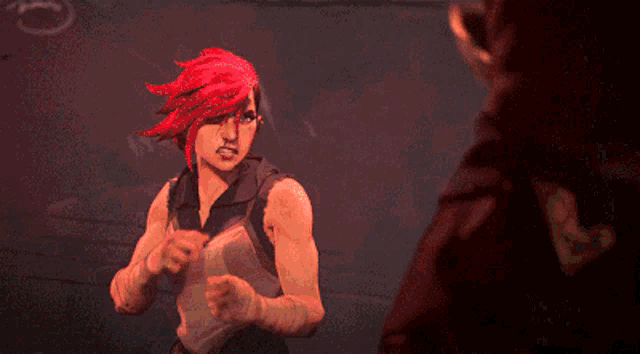 a woman with red hair is fighting a man with a sword in a video game .