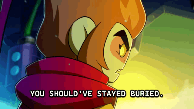 a cartoon character with the words " you should ve stayed buried "