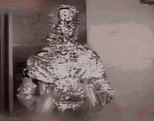 a man wrapped in tin foil is standing in a room holding a plate .