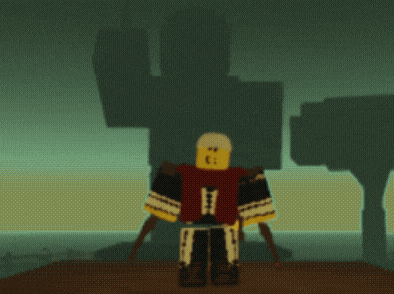 a roblox character is standing in front of a body of water with trees in the background