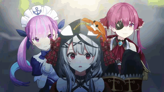 three anime girls are standing next to each other and one has an eye patch on her eye